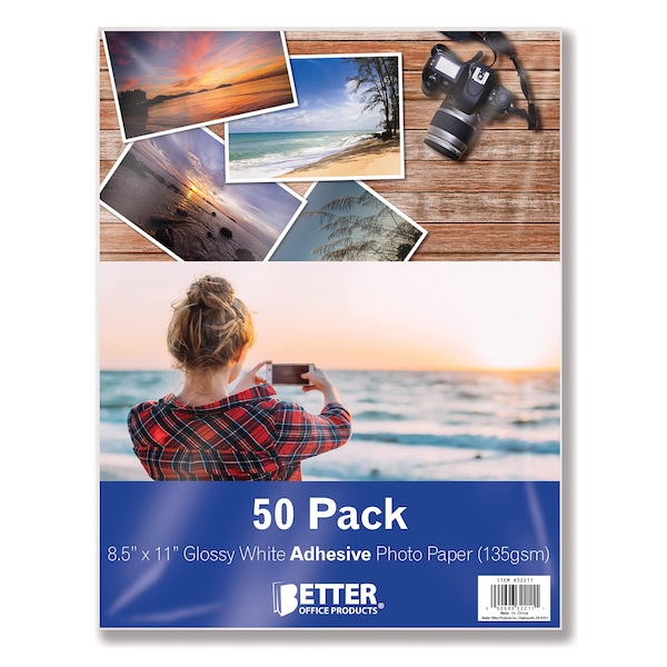 Better Office Products Self-Adhesive Photo Paper, Glossy, 8.5 x 11 Inch, 50 Sheets, 135 gsm, Letter Size, 50PK 32211 - main